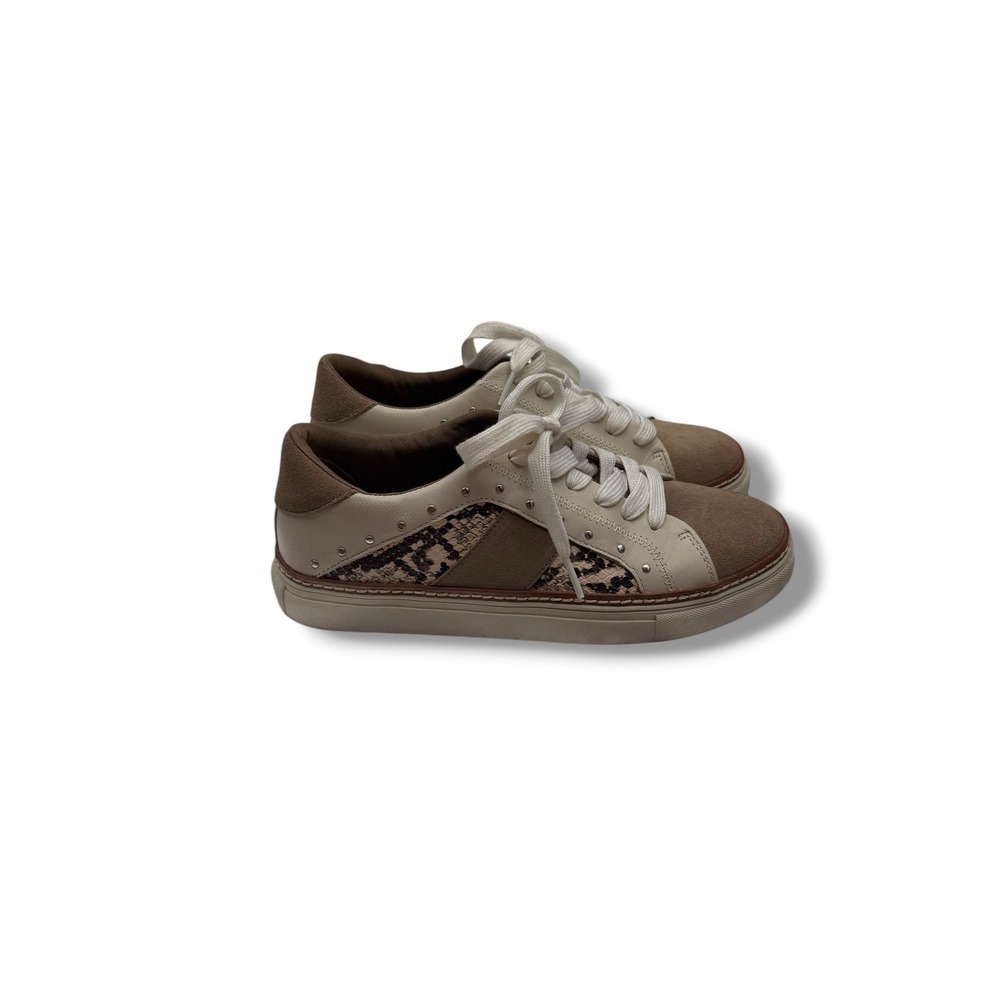 Crown Vintage Sneakers 8 Beige Mixed Media Studded Snakeskin Lace Up Low Top